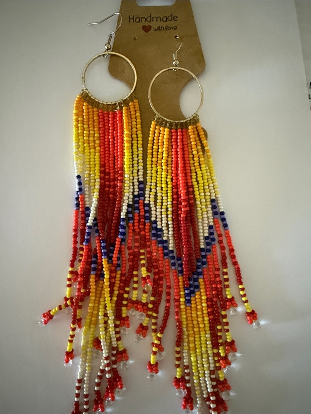 Hand Crafted Yellow, Red, Blue & White Beaded Fringe Hoop Earrings